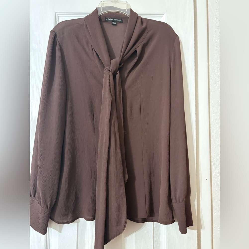 Harlowe & Graham Sheer Chocolate Brown Blouse - Size L - Perfect for Work!